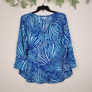 La Mer Luxe Size XL Blue White Long Sleeve Bow Accent Women's Top Blouse